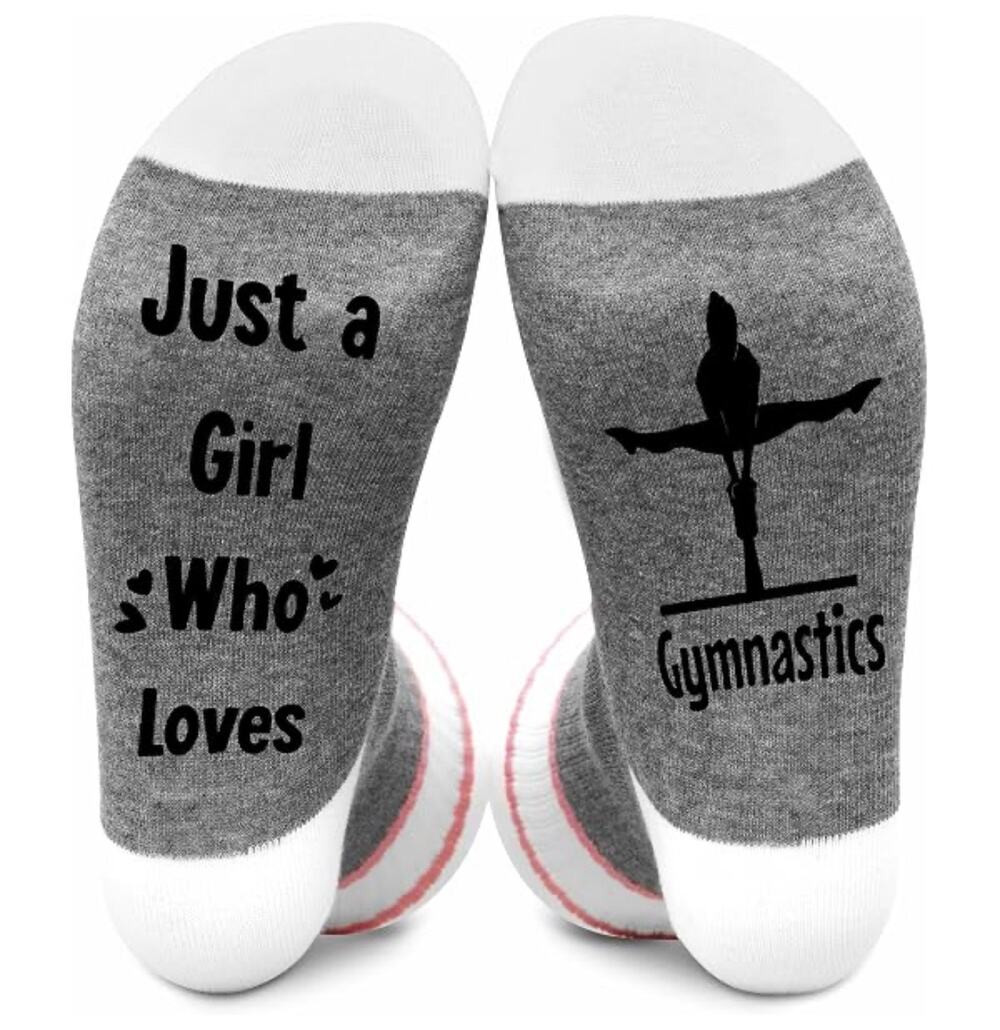Just a Girl Who Loves Gymnastics Crew Socks Size 5-11 Pink Gray